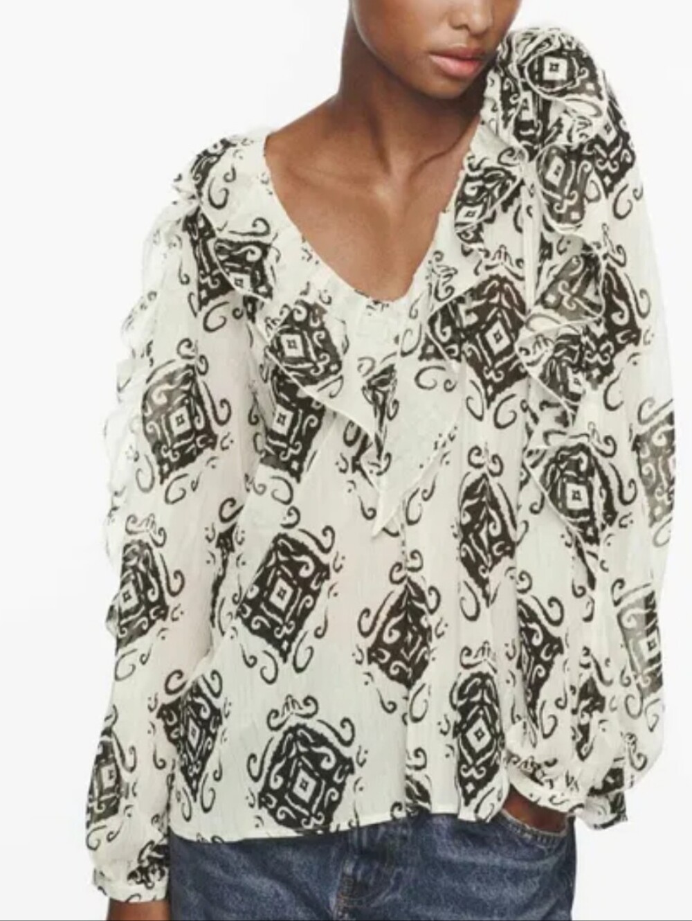 Zara White Semi-Sheer Blouse with Black Geometric Print and Ruffles Size Medium